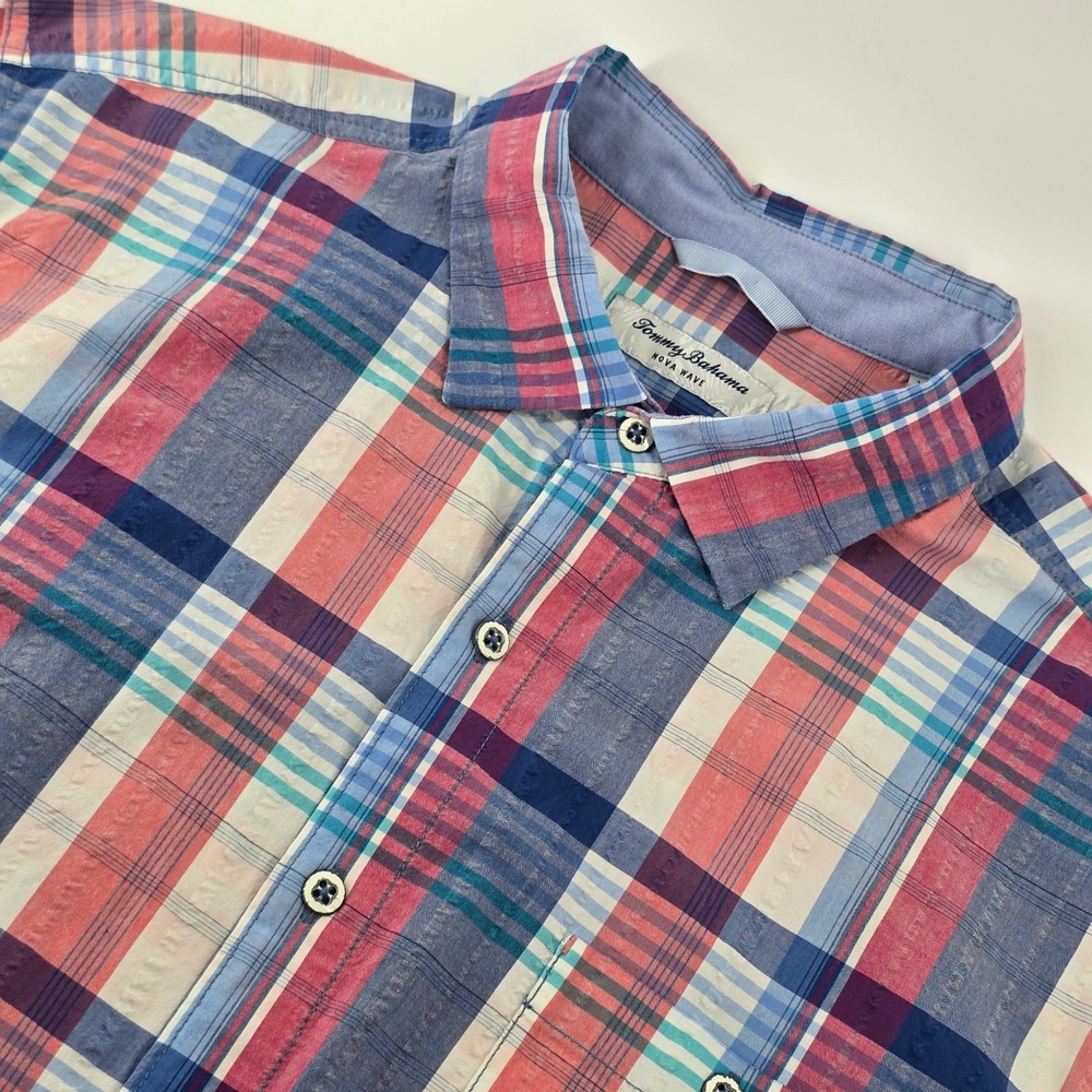 Tommy Bahama Nova Wave Shirt Mens XL Multi Color Plaid Short Sleeve Seersucker